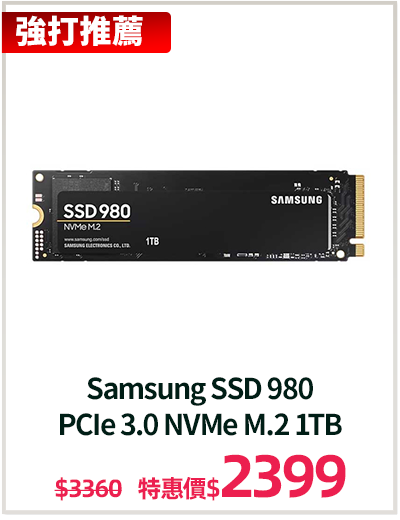 主打品_Samsung SSD 980 
PCIe 3.0 NVMe M.2 1TB